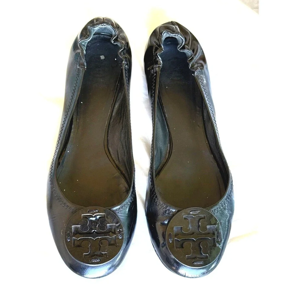 Tory Burch Reva Black Patent Leather  w/ Logo Travel Ballet Flats Shoes 7.5